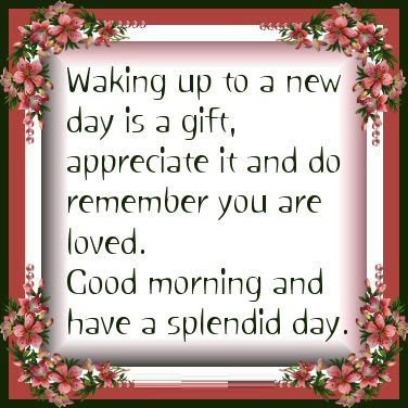 Waking up to a new day is a gift, appreciate it and do remember you are loved. Good morning and have a splendid day.

