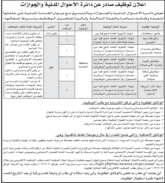 إعلان توظيف صادر عن دائرة الاحوال المدنية والجوازات الاردنية