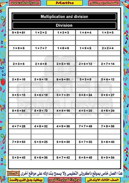 مذكرة تدريبات على جدول الضرب والقسمة من منهج الماث للصف الثالث الابتدائى
