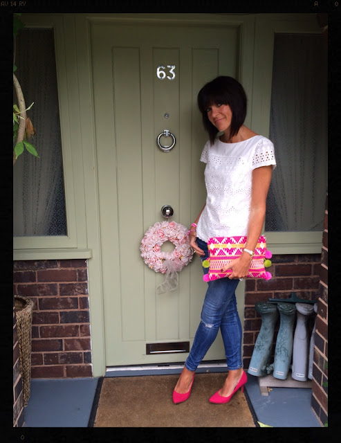 My Midlife Fashion, Pom pom statement ethnic clutch, hot pink, embroidery anglaise top, court shoes, distressed denim, marks and spencer, zara, asos, Mint Velvet