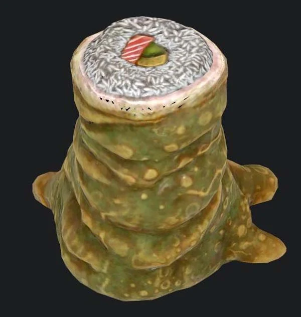 If you get a shot of the gulper stuffed foot from the top, you'll see a hefty amount of rice...with a little salmon, avocado and cucumber.    The in-game recipe for the Gulper Stuffed Foot is:  3 Wood  2 Gulper innards  3 Cotton candy bites  3 Sugar   So, it's made of cotton candy bites and sugar??? Clearly not what's being shown here...