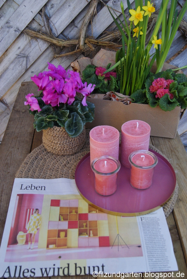 Rosa Tablett mit Kerzen und Blumen in Trendfarbe rosa und gelb