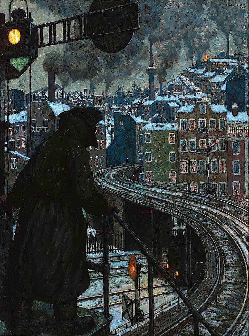 a Hans Baluschek 1920 painting of a rail worker at night