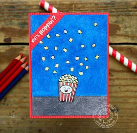 Sunny Studio Stamps: Fast Food Fun Happy Popcorn Bucket Colored Pencil Card by Vanessa Menhorn