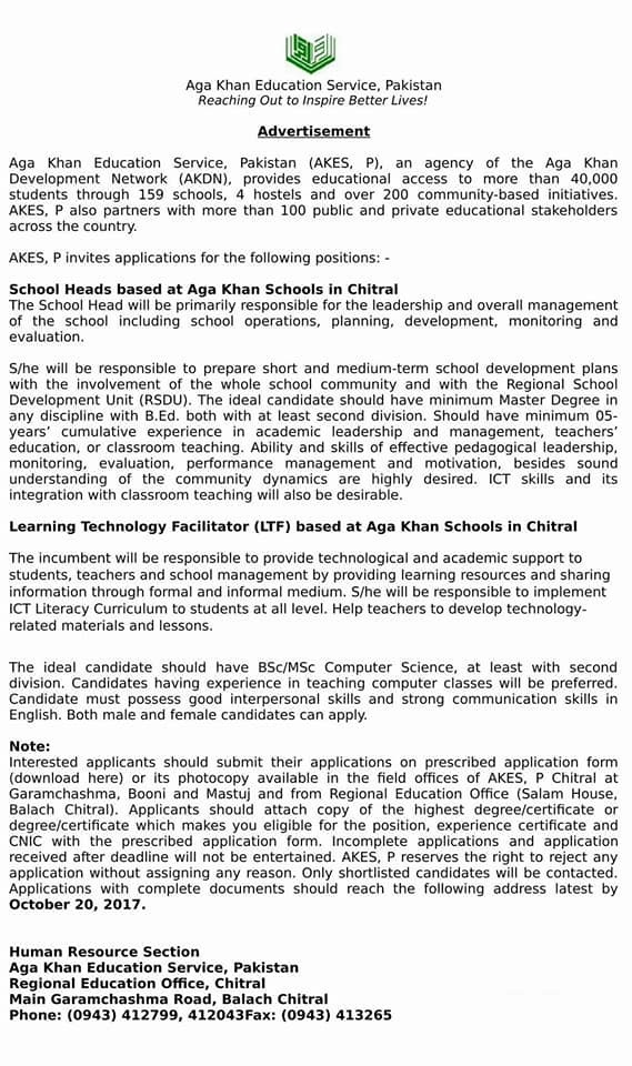 Aga Khan Education Service Chitral Announced Teachers Position