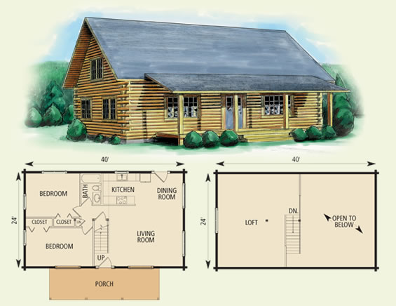 1404 sq.ft Log Home Floor Plan  40'x24' Log Home Floor Plan  2 Bedroom Log Home Floor Plan with Loft