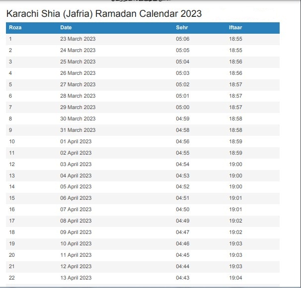 Ramadan Calendar 2023 Karachi Fiqa Jafria