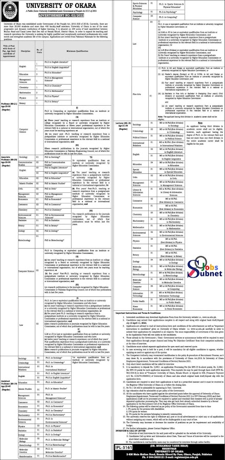 University of Okara Teaching & Non-Teaching Jobs 2022