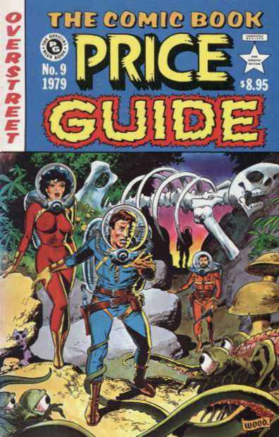 Cover to Overstreet's 'Comic-Book Price Guide' #9 with eerie scene of Earth travelers in spacesuits and helmets on planet with alien creatures