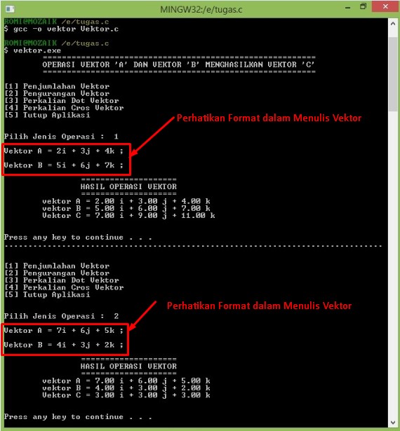 Program Kalkulator Vektor Sedehana Menggunakan Bahasa C