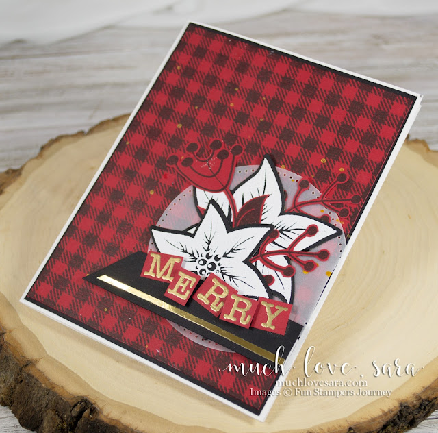 Handmade Christmas Card with red and black plaid background - created wth the Fun Stampers Journey Flannel Life Background Stamp - and gold and white accents - created with the FSJ Poinsettia Burst Stamp Set, Type Block ATS Stamp Set, and white and gold heat embossing.  