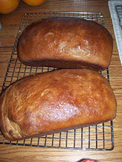 Two loaves of fresh homemade whole wheat bread.