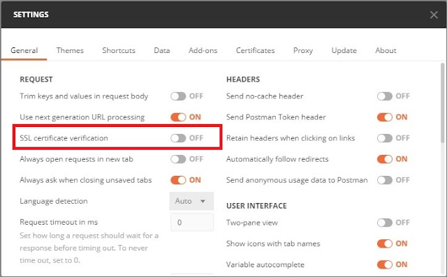 postman, turn off SSL certificate verification in Postman