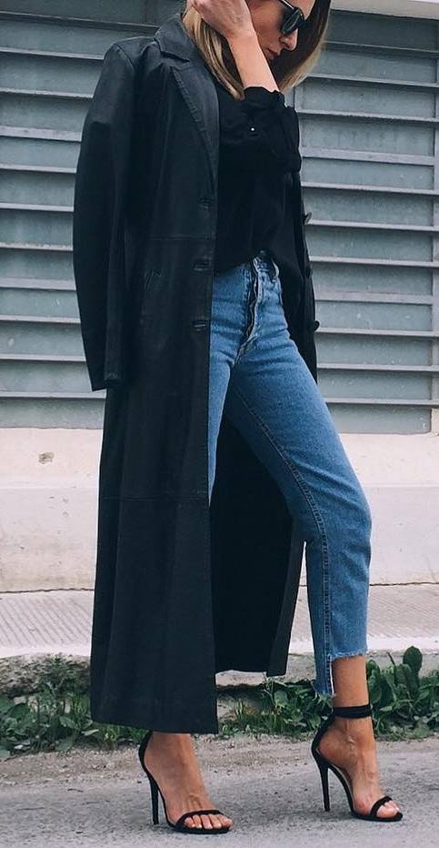 black and denim | coat + shirt + heels + skinnies