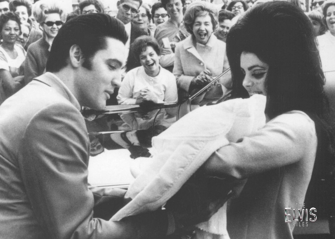 ELVIS AND PRISCILLA LEAVING THE HOSPITAL, AFTER THE BIRTH OF THEIR DAUGHTER, LISA MARIE