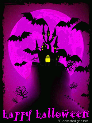 Happy Holloween  with purple background, haunted house and scary bats