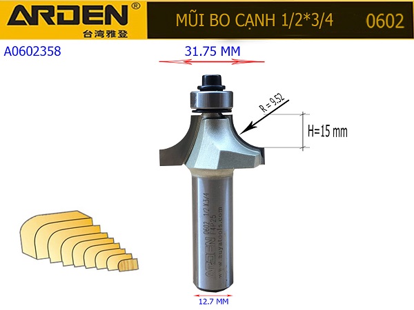 Mũi bo cạnh Arden 1/2x3/4 Mã 0602 R9.52