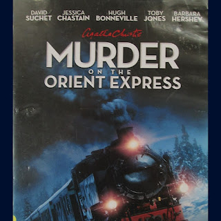 DVD Cover of Murder on the Orient Express. A train on a blue background.