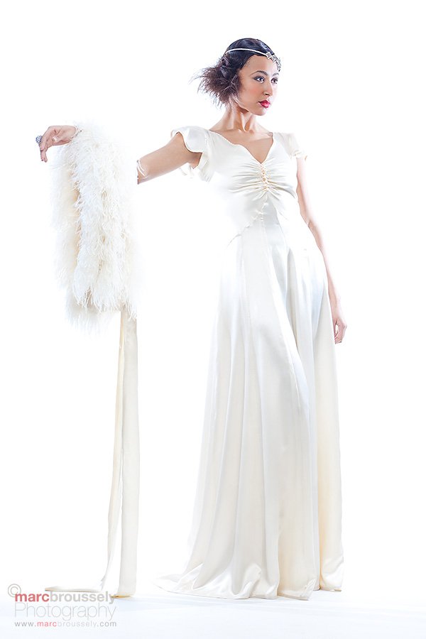 Silk satin Art Deco wedding gown The Left Bank and ostrich feather stole 
