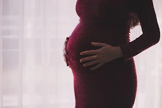 Mujer Embarazada de Pie Toca su Vientre con las dos Manos