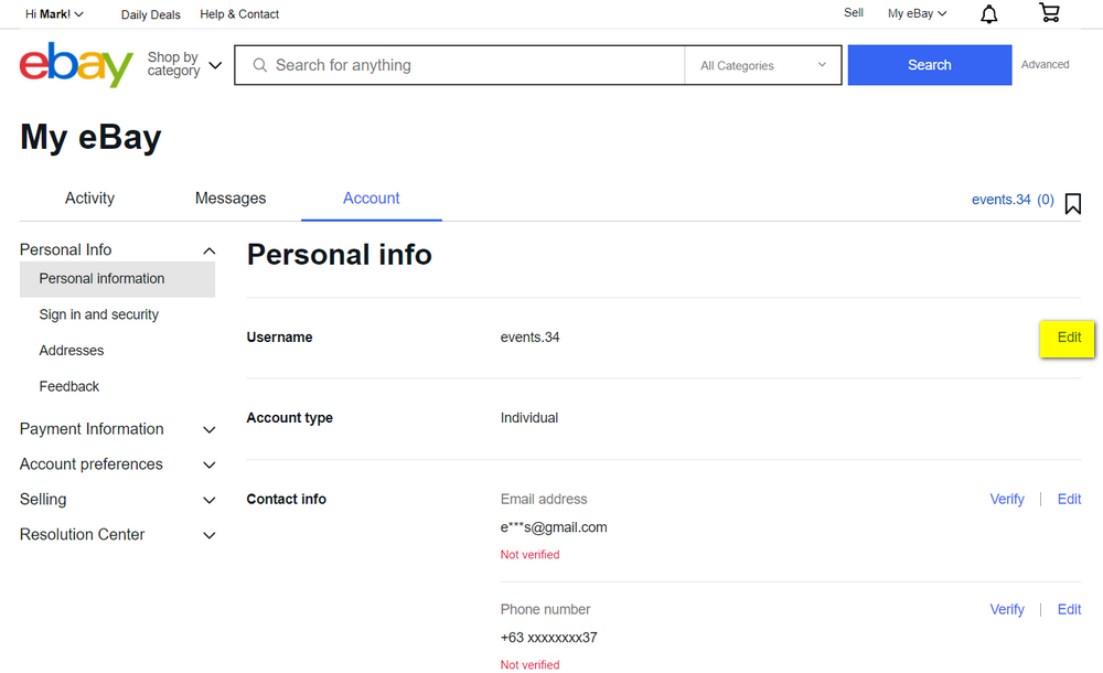 eBay Personal Information Page, eBay