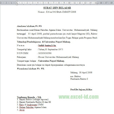 Contoh Surat Ijin Belajar Bagi Pegawai filetype.doc size 14kb