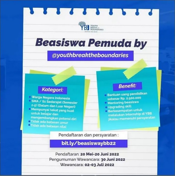 Beasiswa Pemuda By @youthbreaktheboundaries Deadline 20 Juni 2022