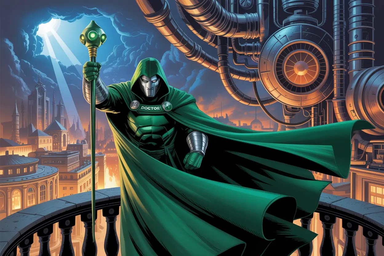A full illustration of Doctor Doom in his mask and cape, standing on a balcony overlooking his Eastern European-inspired, technologically advanced kingdom of Latveria, portraying his authoritarian rule.