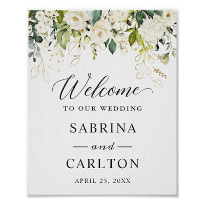 White Rose Gold Leaves Floral Wedding Welcome Sign