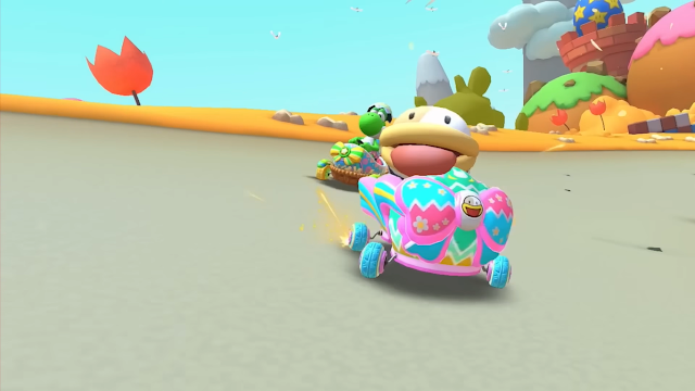 Imagem de Mario Kart Tour mostrando Poochy, um cachorrinho estilizado, pilotando um kart.