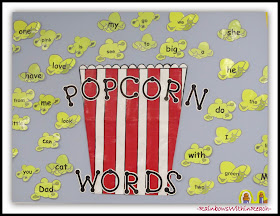 Word Wall with "Popcorn" Theme in Kindergarten (from Round-Up by RainbowsWithinReach on all things: Word Wall) 