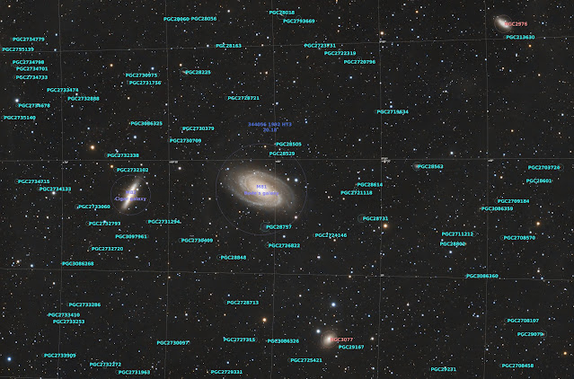 annotated image showing many galaxies contained within the field of view of the image of M81 & M82