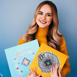 Woman holding a Diamond Art Club kit with a smile