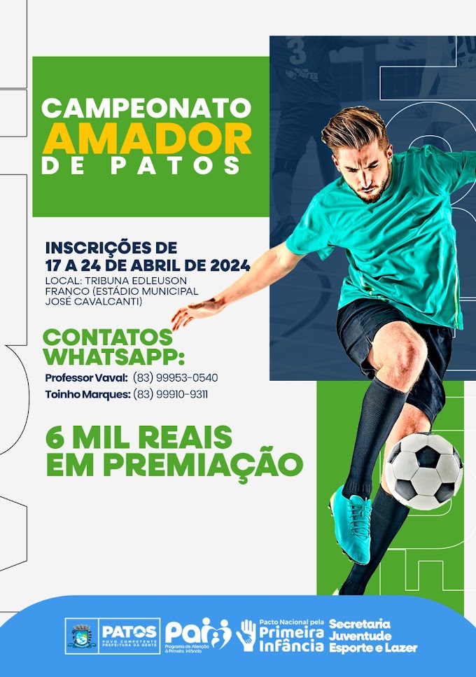  Inscrições abertas para o Campeonato Amador de Futebol em Patos com premiação em dinheiro