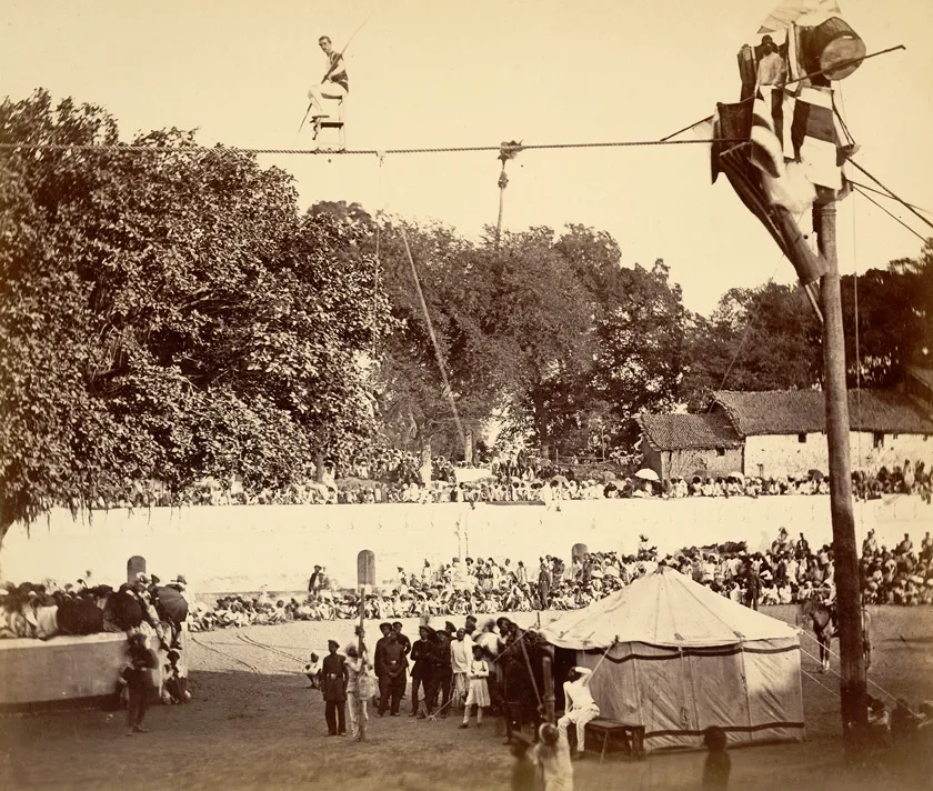 European Tightrope Walker Performing before a Large Crowd in Vadodara (Baroda), Gujarat, India | Rare & Old Vintage Photos (1880)