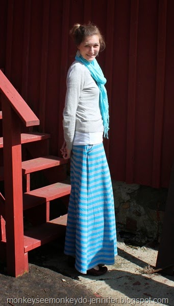 blue and gray striped maxi skirt