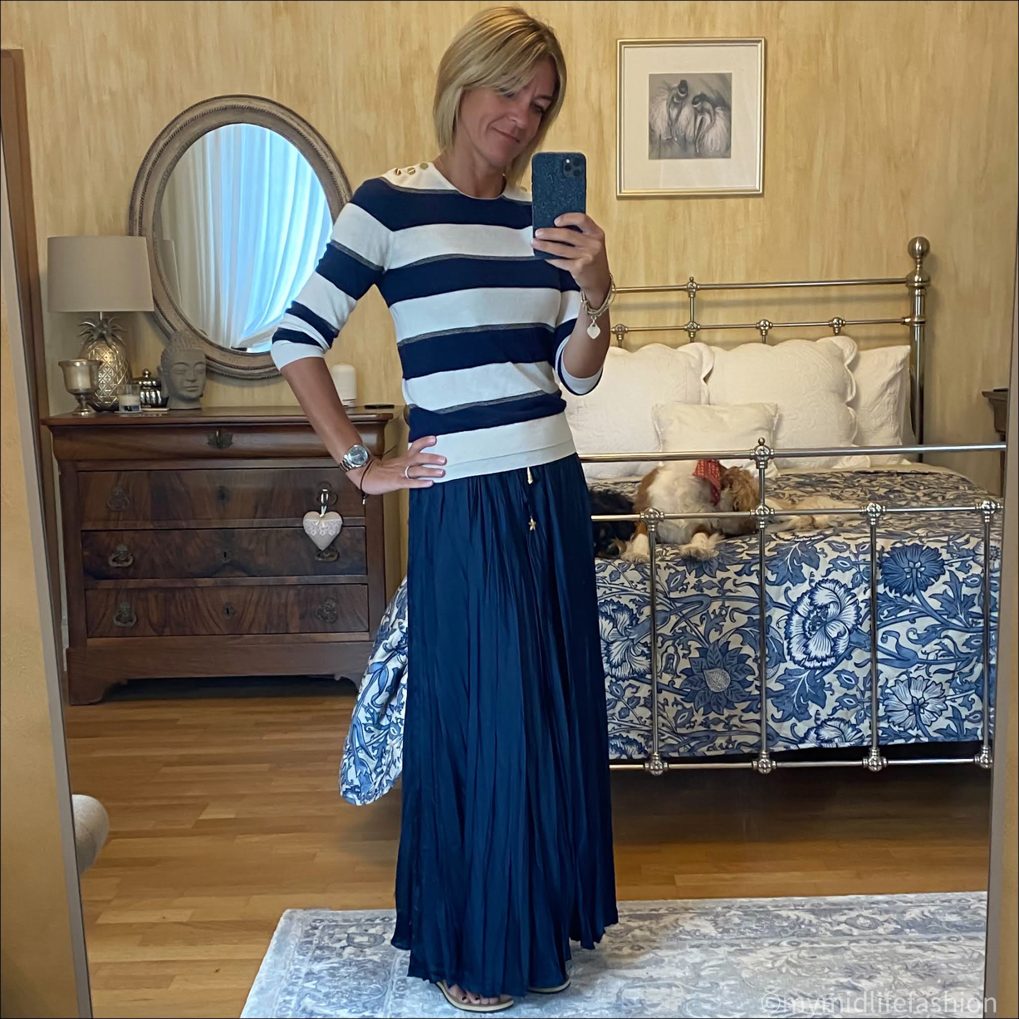 my midlife fashion, Joseph stripe cashmere jumper, zara wrinkled satin effect skirt, havaianas slim fit metallic flip flops