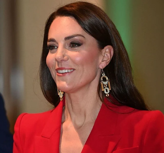 The Princess of Wales wore a new red suit by Alexander McQueen. Chalk Jewellery florence earrings. Red pumps