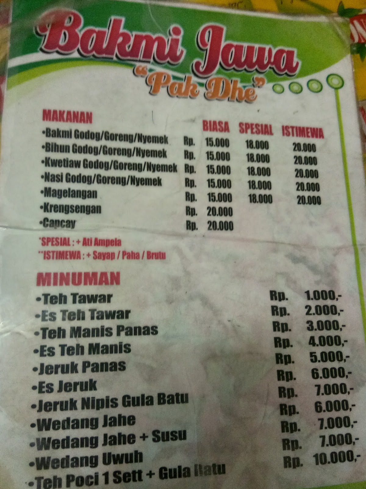 Here is the menu and price list