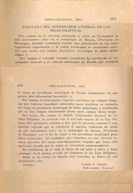 1908 Proclamation Calling for a Special Election to Elect a Municipal President for Bauan