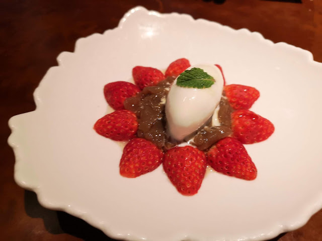 Chitose Strawberries, Hojicha Jelly, Elderflower Yogurt Sherbet, Cinnamon Crumbs