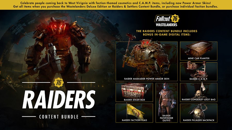 fallout 76 wastelanders free update raider content bundle release date april 7 steam launch pc online action role-playing game bethesda softworks mine car planter raider c.a.m.p. raider stash box raider faction flag raider pathfinder outfit raider conquest loot bag raider pillager backpack raider marauder power armor skin