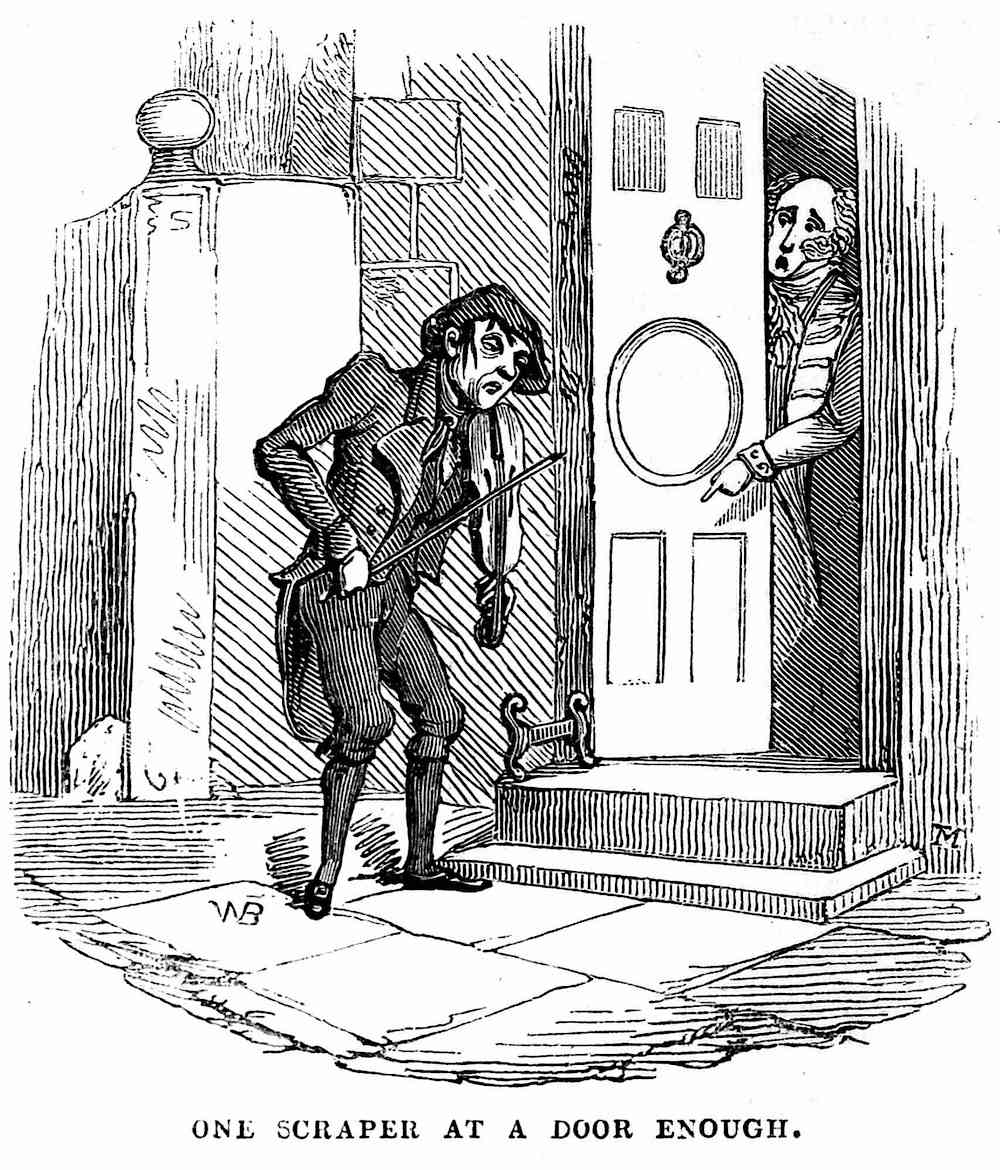 an 1831 cartoon about a door to door musician and his critic, using a pun