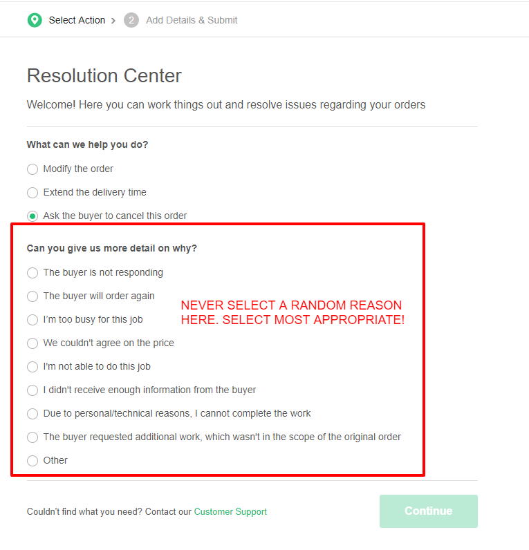 explain the reason to cancel order on fiverr