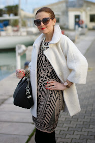 white coat, baroque print dress, sweewe dress, Fashion and Cookies, fashion blogger