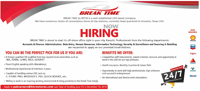 USA Based Company Break Time Jobs 2019 