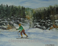 Lone skier, 8 x 10 oil painting in 1984 by Clemence St. Laurent - cross-country skier on a frozen lake near a rocky and woody shore