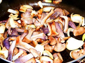 Cave grown Wood Blewit Lepista nuda, cooked with onions.  Indre et Loire, France. Photographed by Susan Walter. Tour the Loire Valley with a classic car and a private guide.