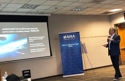 Producer, Philip Groves, discusses the upcoming IMAX documentary "Asteroid Impact" at the AIAA Planetary Defense conference (Source: Palmia Observatory)