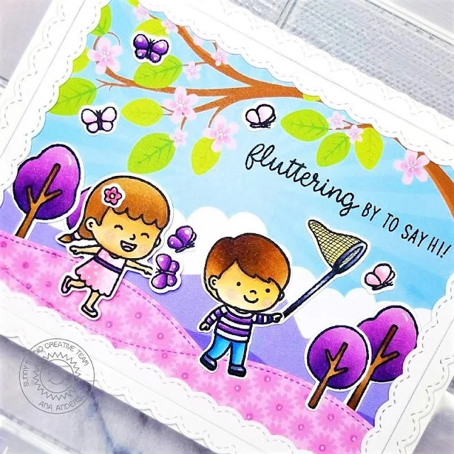 Sunny Studio Stamps: Spring Showers Spring Scenes Woodland Border Dies Fancy Frame Dies Everyday Card by Ana Anderson